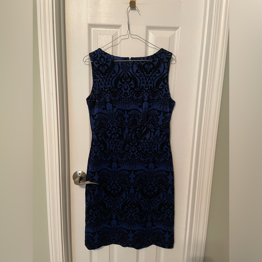 Indication. Blue and black jacquard sheath dress